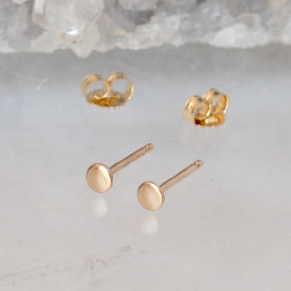 Solid 14k Gold Dot Stud Earrings, 3mm Stud Earrings, Brushed Finish, Minimal Earrings, Cartilage Earrings, 14 Karat Gold, Disc Earrings