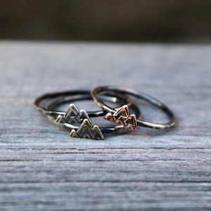 Rustic Hammered Mountain Ring, Colorado Made, Gift for Skier Girl, Mountain Jewelry, Unique Mountain Design, Copper, Antiqued Brass