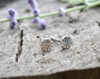 Tiny Rustic Hammered Silver Dot Earrings, Sunshine Design, Minimalist, Sterling Silver, 4mm, Stamped Silver Jewelry