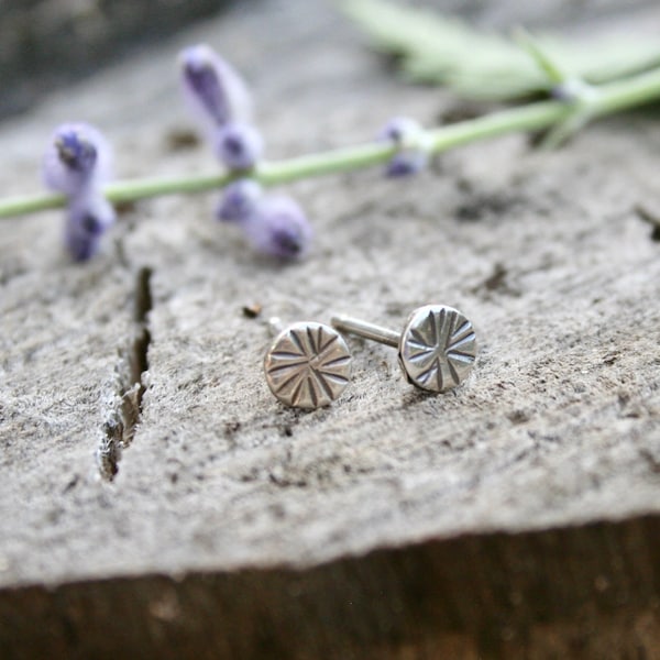 Tiny Rustic Hammered Silver Dot Earrings, Sunshine Design, Minimalist, Sterling Silver, 4mm, Stamped Silver Jewelry