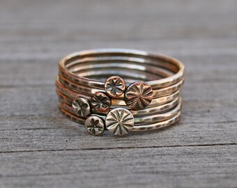 Handmade Sterling Silver Stacking Rings with Copper Dots, Set of 6