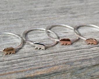 Minimal hammered silver ring with bear, available in sterling silver, copper, rose gold filled or yellow gold filled, brushed or polished