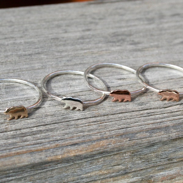 Minimal hammered silver ring with bear, available in sterling silver, copper, rose gold filled or yellow gold filled, brushed or polished