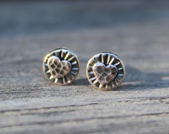 Rustic Western Style Round Stud Earring with Hearts, Hammered Copper, Antiqued Brass, Silver with Patina, Small Stud Earrings, Boho, Cowgirl