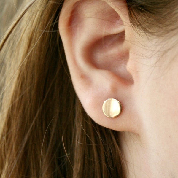 Flat Gold Circle Earrings, Dot Stud Earrings, 8mm Yellow Gold Filled Stud Earrings, Polished Finish, Minimalist Jewelry