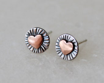 Rustic Western Style Round Stud Earring with Hearts, 8mm Round Studs, Antiqued Brass, Silver with Patina, Small Stud Earrings, Boho, Cowgirl