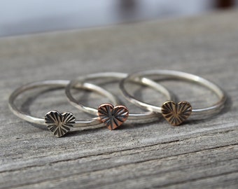 Rustic Western Style Heart Stackable Ring, Hammered Silver Band, Unique Textured Copper, Heart Jewelry, Anniversary Gift, Dainty Rings