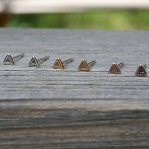 Unique set of Rustic Triangle stud Earrings, 4mm Triangle Studs, Set of Three Pairs, Copper, Brass, Silver, Cartilage Earrings, Handmade