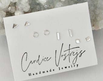Stud Earrings, Geometric Stud Earrings, Silver Stud Earrings, Small Stud Earrings, Set of Four Pairs, Sterling Silver Earrings, Silver Studs