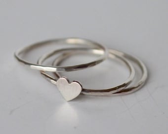 Sterling Silver Heart Ring, Silver Stacking Rings, Hammered Rings, Silver Rings, Heart Ring, Stackable Ring, Set of Stacking Rings, Heart