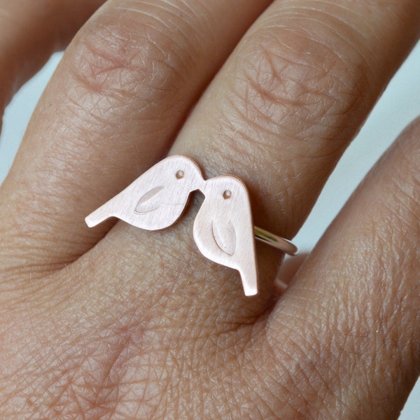 Kissing Love Birds Copper and Silver Ring, 7th Anniversary Gift, Copper Jewelry, Statement Ring, Bird Jewelry