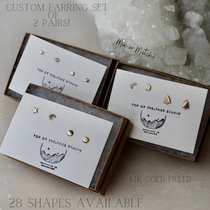 Parure de clous d'oreilles uniques en or 14 carats, Parure de boucles d'oreilles pour piercings multiples, Deux paires, Puces d'oreilles assorties, Boucles d'oreilles dépareillées