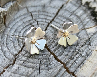 Daisy Earrings, Silver Earrings, Flower Earrings, Brass and Silver, Silver and Gold, Tiny Flowers, Tiny Earrings