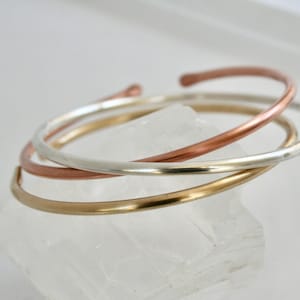 Set of Three Thin Metal Cuffs, Copper Cuff Bracelet, Brass Bracelet, Sterling Silver Cuff, Polished Minimal Cuff, Gift for her, Mixed Metal