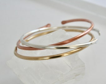 Set of Three Thin Metal Cuffs, Copper Cuff Bracelet, Brass Bracelet, Sterling Silver Cuff, Polished Minimal Cuff, Gift for her, Mixed Metal