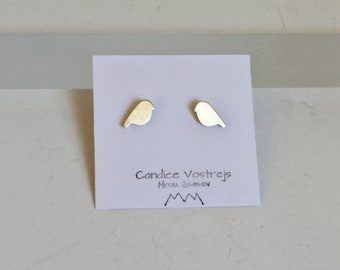 Yellow Bird Stud Earrings, Brass, Gold Color, Baby Birds, Animal Silhouette, Silver Earrings, Minimal Jewelry