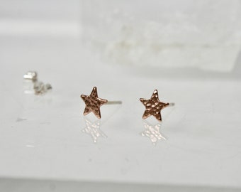 Rose Gold Filled Star Studs, Hammered Textured Earrings, Sparkly Star Earrings, 7mm, Celestial Jewelry, Polished Finish, Sterling Silver