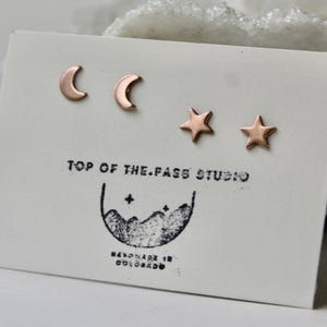 Rose Gold Star and Crescent Moon Earrings, Sterling Silver Crescent Moon Studs, Star Stud Earrings, 7mm Star Earrings, Rose Gold Filled