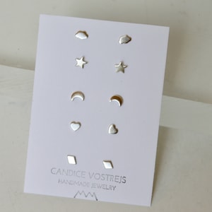 Set of Five Pairs of Sterling Silver Stud Earrings, Silver Star Stud Earrings, Silver Moon Stud Earrings, Silver Cloud Studs, Gold Filled