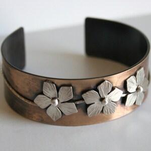 Three Flowers Cuff Bracelet, Rustic Jewelry, Rustic Cuff, Hammered Texture Cuff, Mixed Metal Cuff, Flower Bracelet, Silver and Brass Cuff