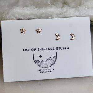Moon and Star Earring Set Gold Filled, Two Pairs of Stud Earrings, Small Moon Studs, Tiny Star Stud Post Earrings, Multiple Pierced Ears