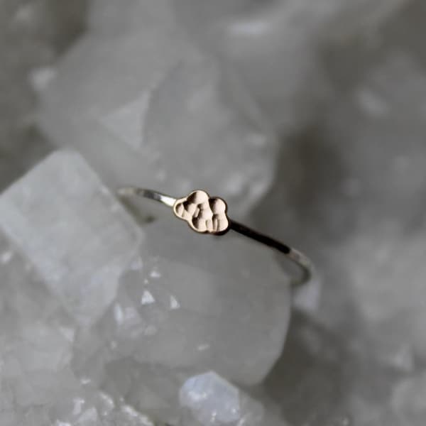 Dainty Hammered Silver Ring with 14k yellow gold filled cloud, Stackable rings, Cute Rings for Girls, Gift for Her, Minimal Stacking Ring