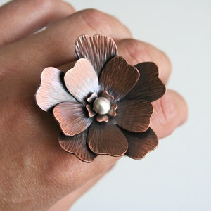 Two Finger Ring, Double Finger Ring, Mixed Metal RIng, Rustic Flower Ring, Statement Ring, Giant Flower Ring, Statement Ring, Copper Ring image 4