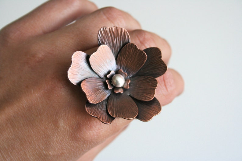 Two Finger Ring, Double Finger Ring, Mixed Metal RIng, Rustic Flower Ring, Statement Ring, Giant Flower Ring, Statement Ring, Copper Ring image 4