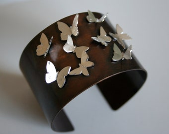 Rustic Butterfly Cuff Bracelet, Butterfly Jewelry, 1 1/2" Wide, Patina, Silver Butterfly's, Unique Wide Cuff Bracelet, Nature Jewelry