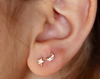 Gold Moon and Star Mismatched Fun Stud Earring Set, Single Star Stud, Single Moon Stud Earring, Gold Filled Studs, Gift for Her