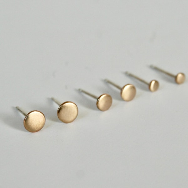 Set of Three Pairs of Yellow Gold Filled Round Stud Earrings with Brushed Finish and Sterling Silver Posts, 5mm, 4mm, 3mm