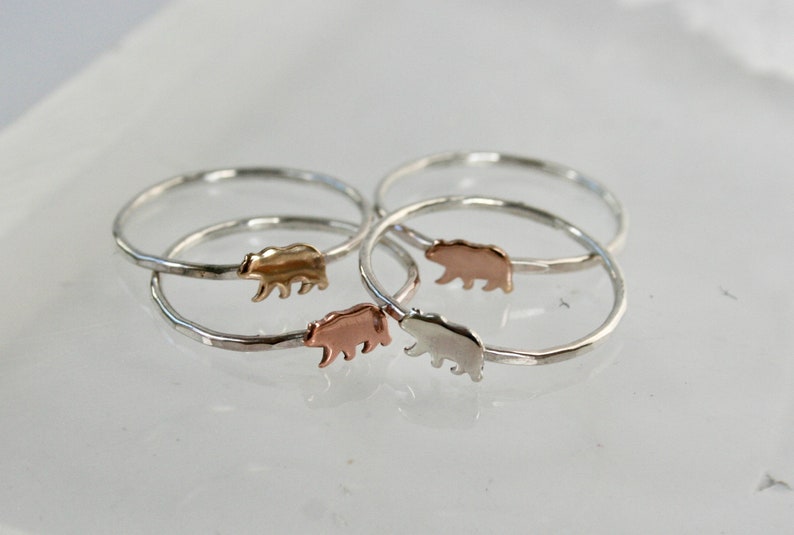 Minimal hammered silver ring with bear, available in sterling silver, copper, rose gold filled or yellow gold filled, brushed or polished image 5
