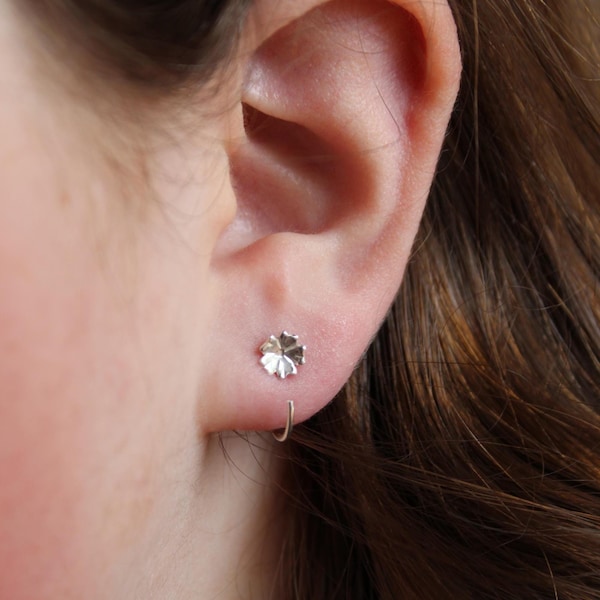 Silver Flower Sleeper Huggie Earrings, Backless Hoop Pull Though Earrings, Sterling Silver Tiny Flower Half Hoop, Open Hoop Studs, 925