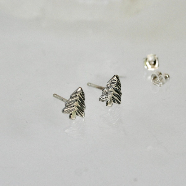 Sterling Silver Pine Tree Stud Earrings, Rustic Hammered Finish