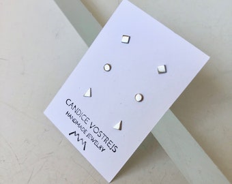 Geometric Earrings Set, Silver Stud Earrings, Triangle Earrings, Dot Earrings, Square Earrings, Tiny Square Earrings, Set of Three