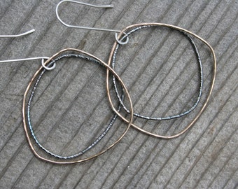 Rustic Hammered Silver and Gold filled geometric shaped Hoop Earrings, Antiqued Silver Circle Earrings, Boho Jewelry, Gift for Her