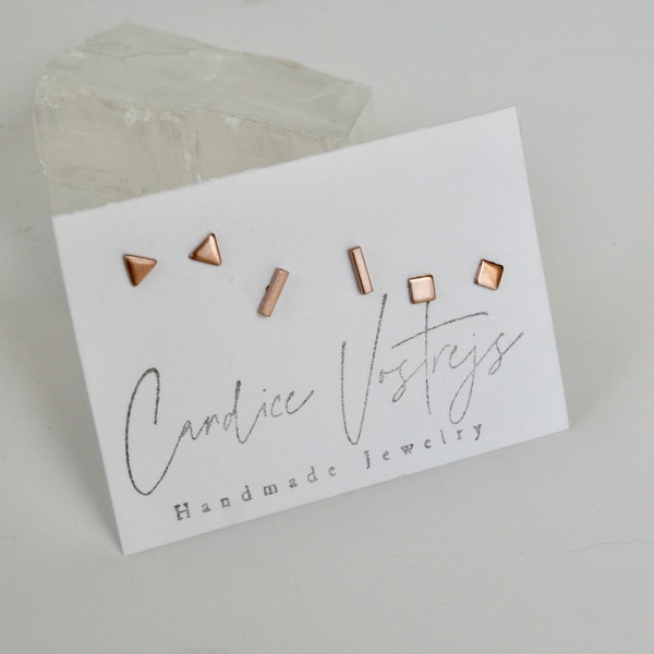 Set of Rose Gold Geometric Stud Earrings, Tiny Stud Earrings, Rose Gold Filled, Stud earrings, Triangle Studs, Bar Studs, Square Earrings