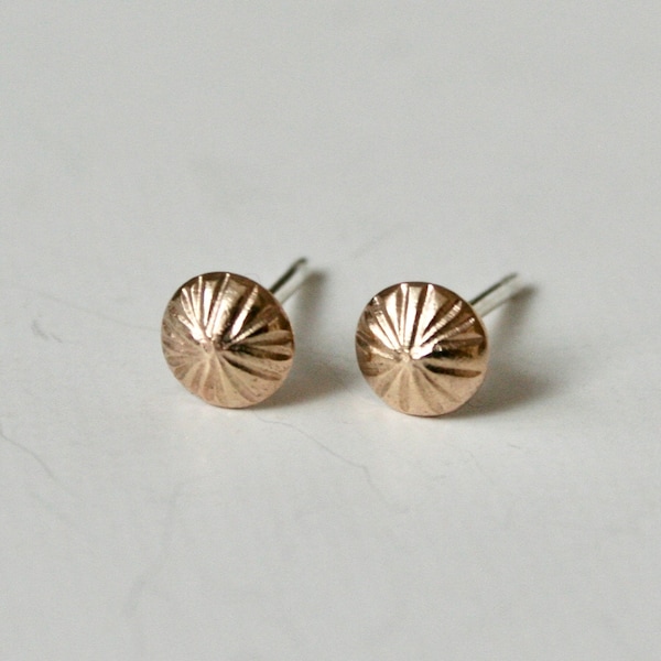 Round Textured Gold Filled Stud Earrings, 5mm Domed Studs, Lobe Earrings with Silver Posts, Hammered Gold Texture