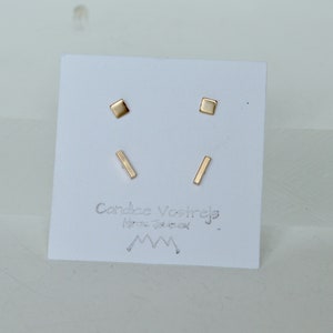 Small Stud Earrings, Set of Two Pairs, Gold Filled Stud Earrings, Square Earrings, Bar Earrings, Stick Earrings, Tiny Studs, Stud Earrings