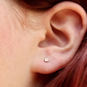May include: A small, gold-colored stud earring with a floral design is visible on an ear. The earring is round and has a delicate, detailed pattern. The ear is set against a background of skin and hair.