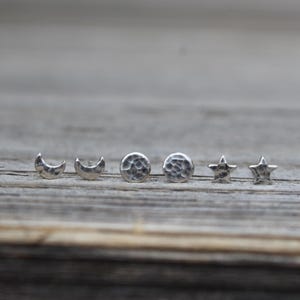 Three Pairs Full Moon Crescent Moon Star Stud Earrings, Solid Sterling Silver, Earrings or Multiple Pierced Ears, Cartilage Earrings