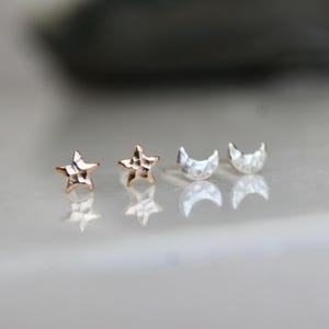 Silver Moon and Gold Star Earring Set of Two Pairs for Multiple Pierced Ears, 14/20 Yellow Gold Filled Star Earrings, Solid Sterling Silver