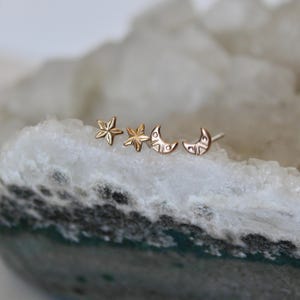 Moon and Star Earring Set 14k Yellow Gold Filled Small Earrings for Multiple Piercings Gift for Her Earring Pack Two Pairs Celestial Jewelry