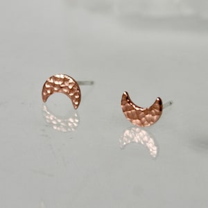 Hammered Copper Moon Earrings, Studs, 7mm Crescent Jewelry, Minimal, Rustic, 7th Anniversary Gift, Silver Posts, Handmade in Colorado