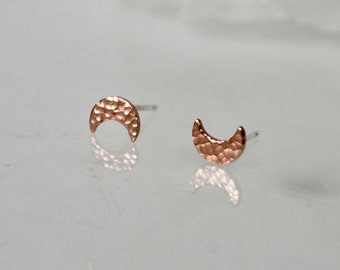 Hammered Copper Moon Earrings, Studs, 7mm Crescent Jewelry, Minimal, Rustic, 7th Anniversary Gift, Silver Posts, Handmade in Colorado
