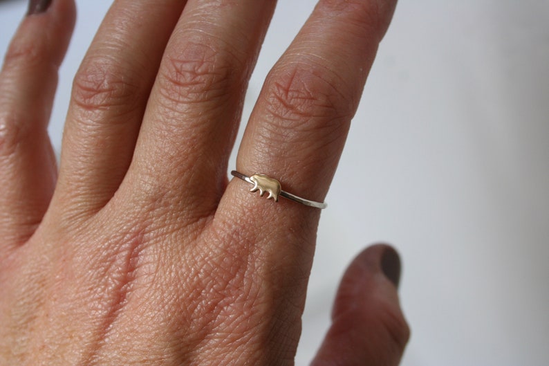 Minimal hammered silver ring with bear, available in sterling silver, copper, rose gold filled or yellow gold filled, brushed or polished image 3