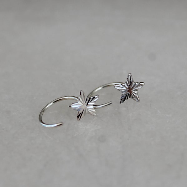 Sterling Silver Star Huggie Open Hoop Earrings,  Sleeper Hoop Earrings, Star Celestial Earrings, Half Hoop, Hoop Studs, Earrings for Women