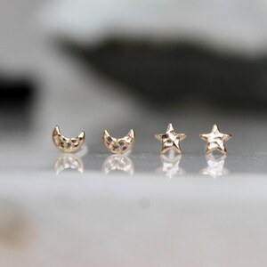 Gold Filled Star and Moon Stud Earring Set, Two Pairs for Multiple Piercings, 14k 14/20 Gold Filled Metal, Hammered Finish, Celestial Studs