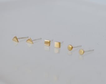 Geometric Earrings, Tiny Earrings, Earring Set,  Stud Earrings, Stud Earring Set, Three Pairs, Brass Earrings, Golden Earrings, Minimal