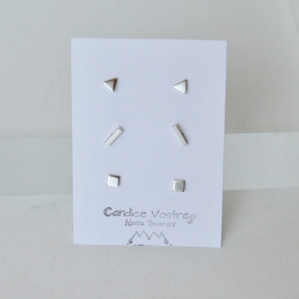 Geometric Stud Earring Set, Sterling Silver Posts, Handmade Jewelry